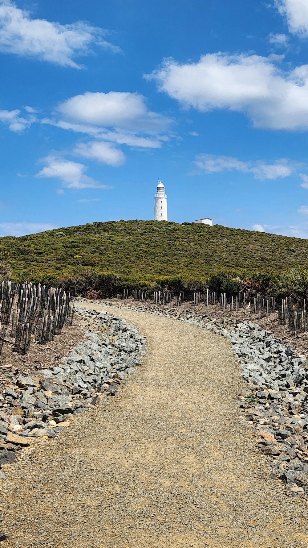 a path leading to a white lighthouse on a hill