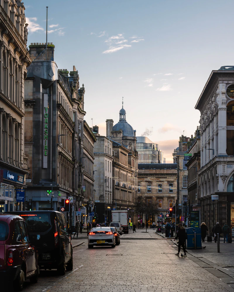 Glasgow city street with tall buildings