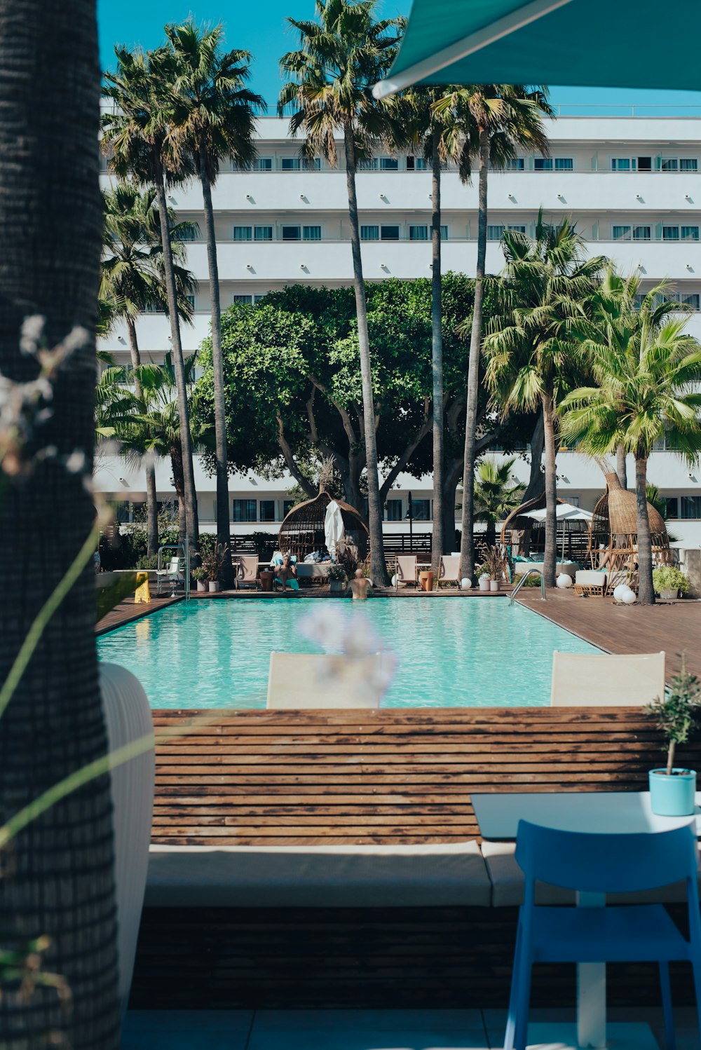 a hotel with a pool surrounded by palm trees