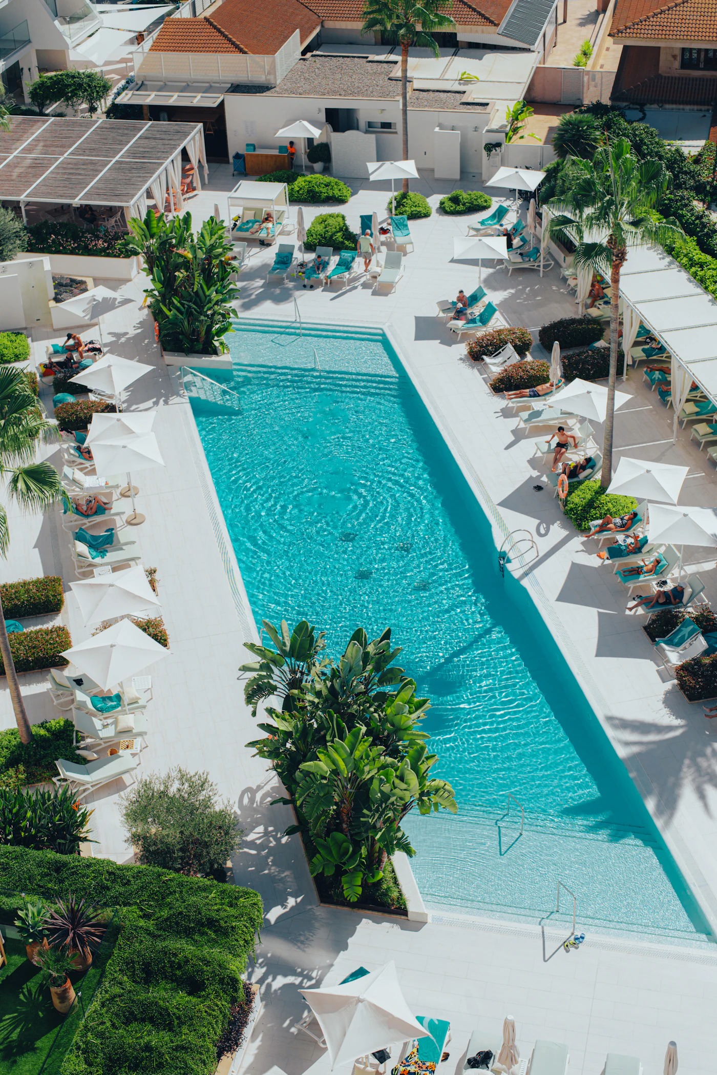 Aerial drone view of a resort swimming pool surrounded by loungers, umbrellas and palm trees