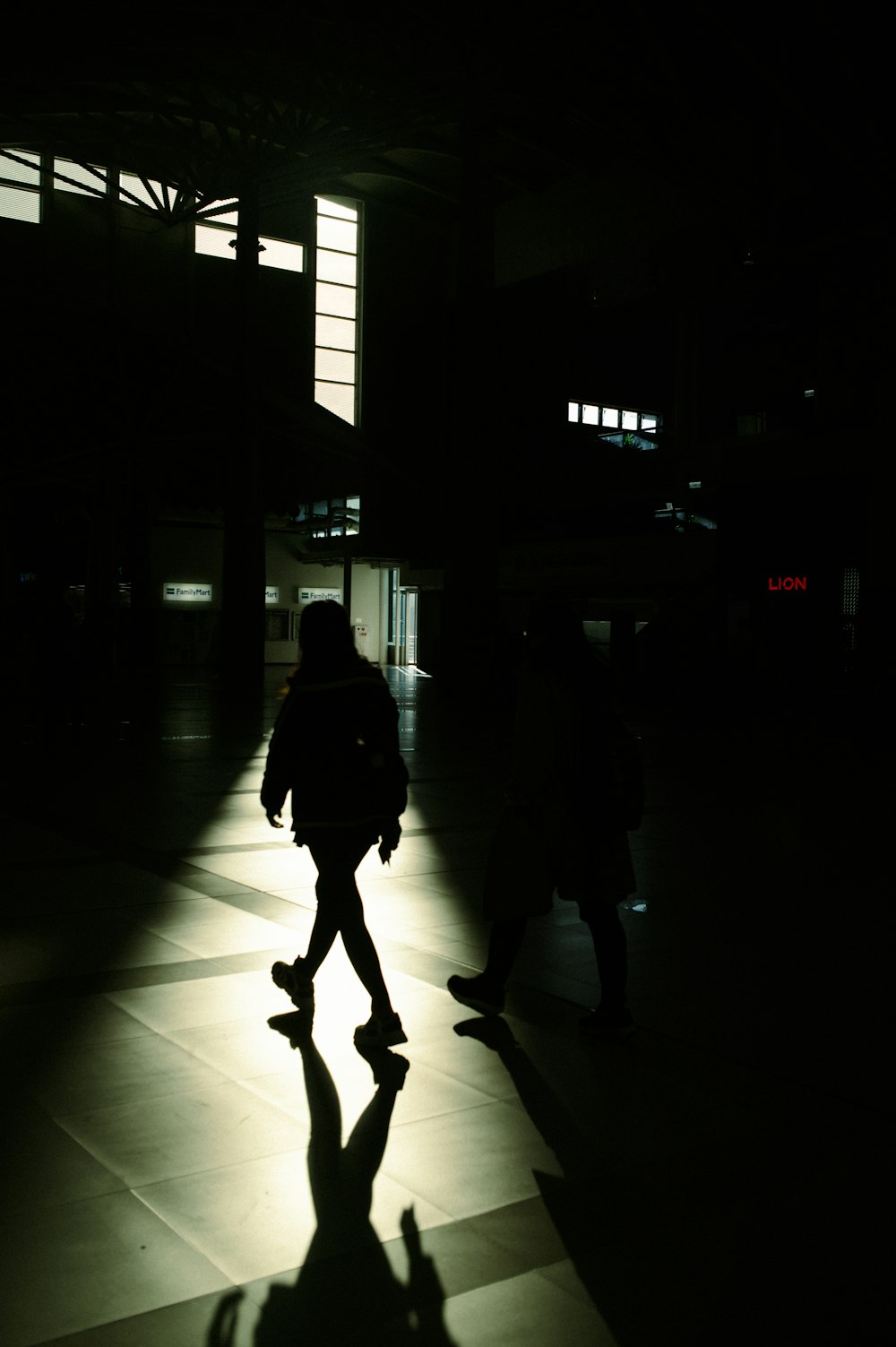 a silhouette of a person walking in the dark