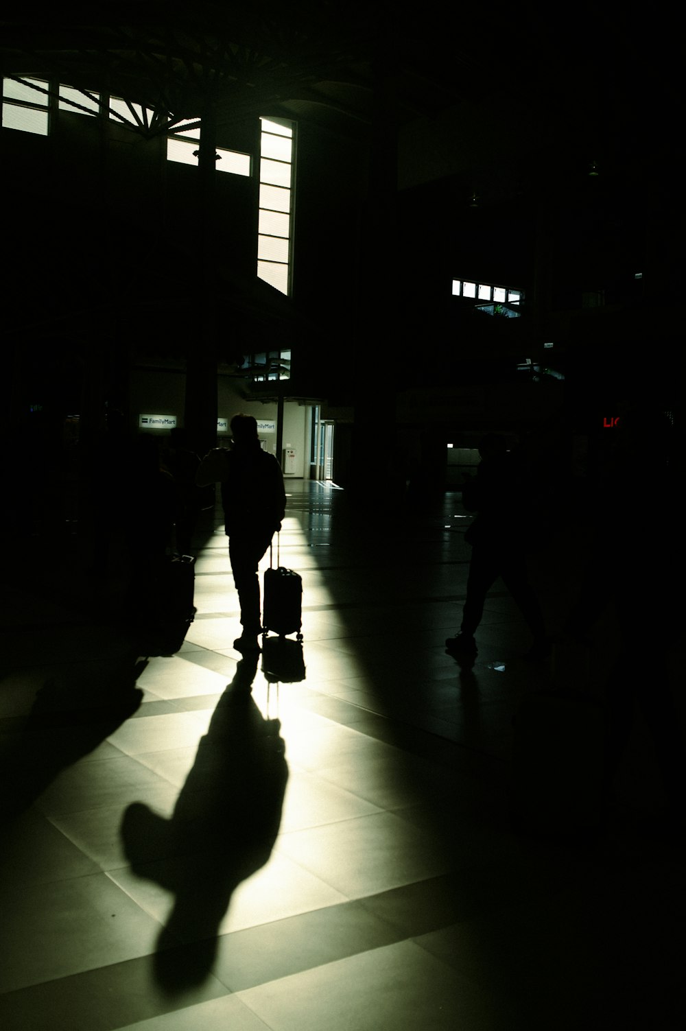 a shadow of a person pulling a suitcase