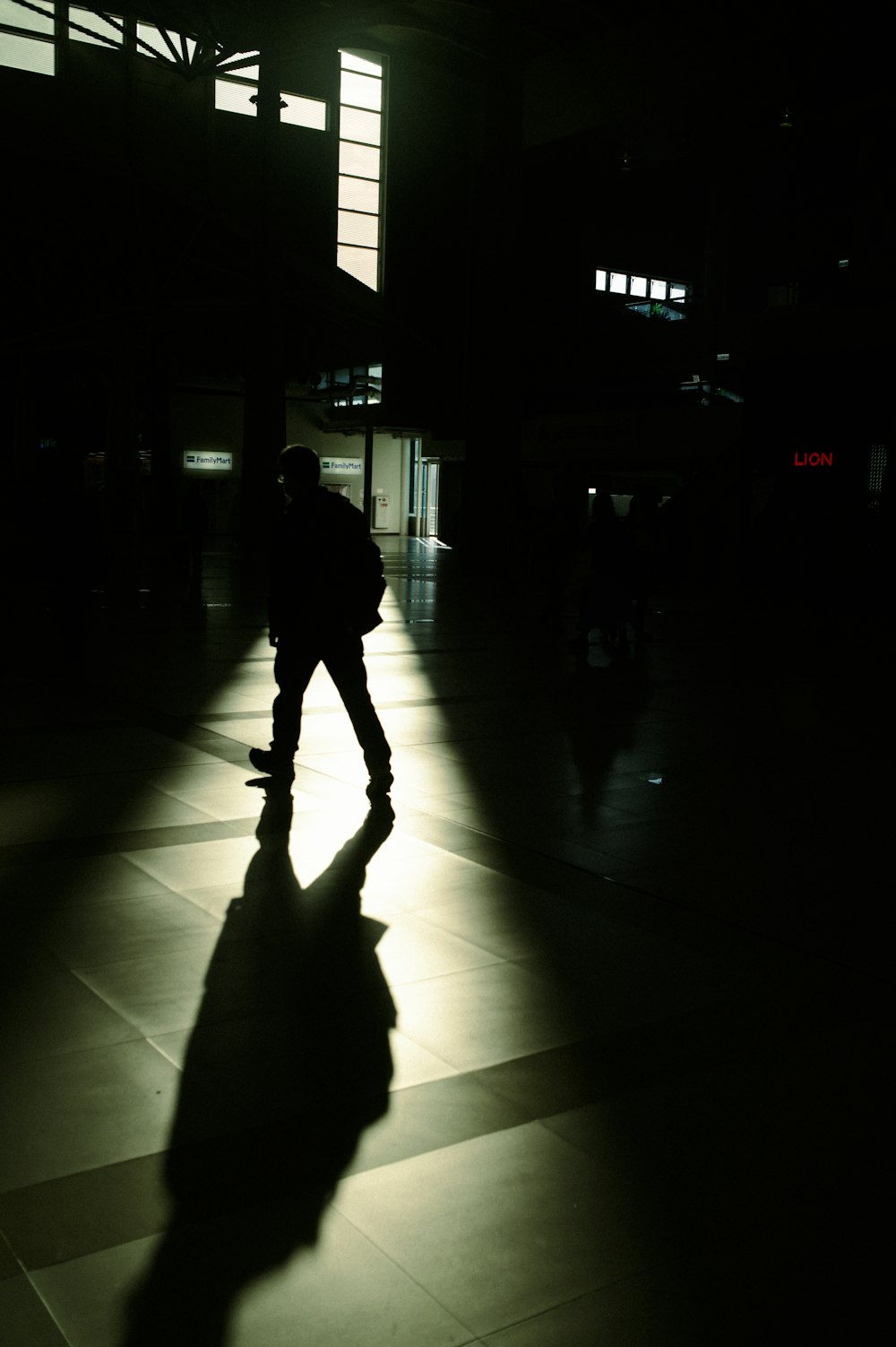 die Silhouette einer Person in einem dunklen Raum