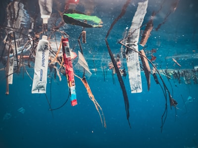 Plastic waste floating in ocean water, posing a threat to marine life