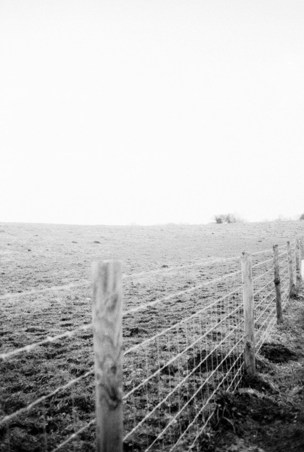 a black and white photo of a fence in a field