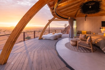 a bedroom with a view of the desert