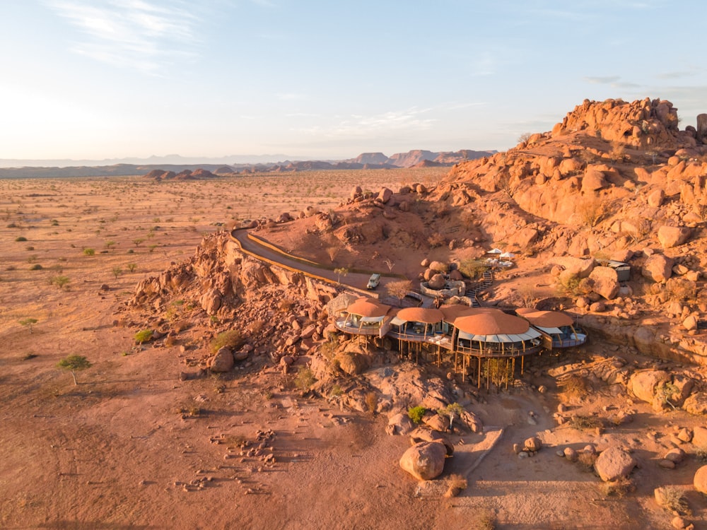 an aerial view of a desert resort in the middle of the desert