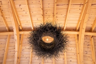a bird nest hanging from the ceiling of a building