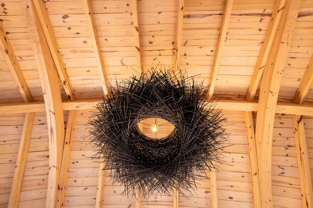 a bird nest hanging from the ceiling of a building