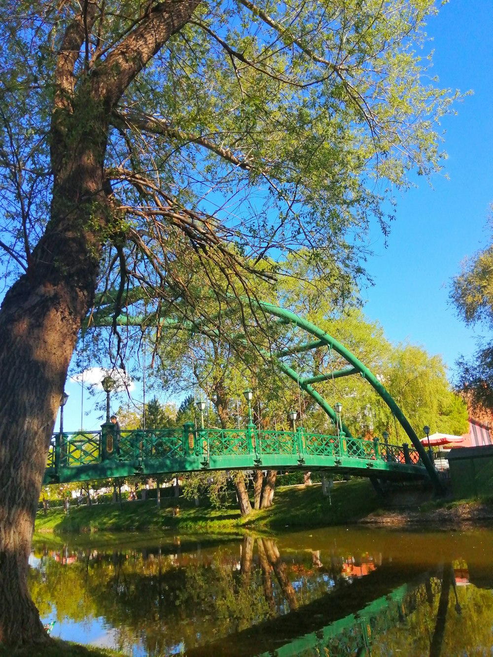 a green bridge over a small pond in a park