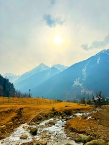 a stream running through a field with mountains in the background