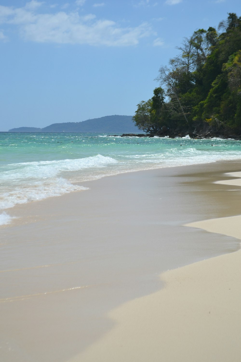 a sandy beach next to the ocean under a blue sky