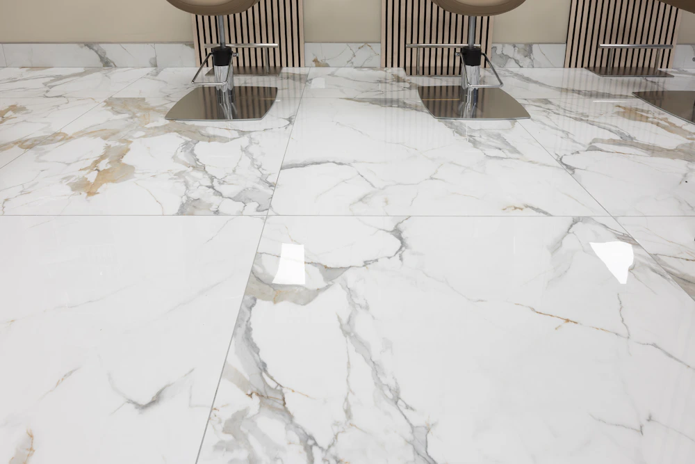 Modern interior with porcelain tile flooring