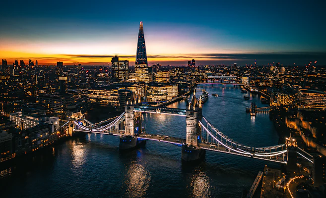 an aerial view of the city of london at night
