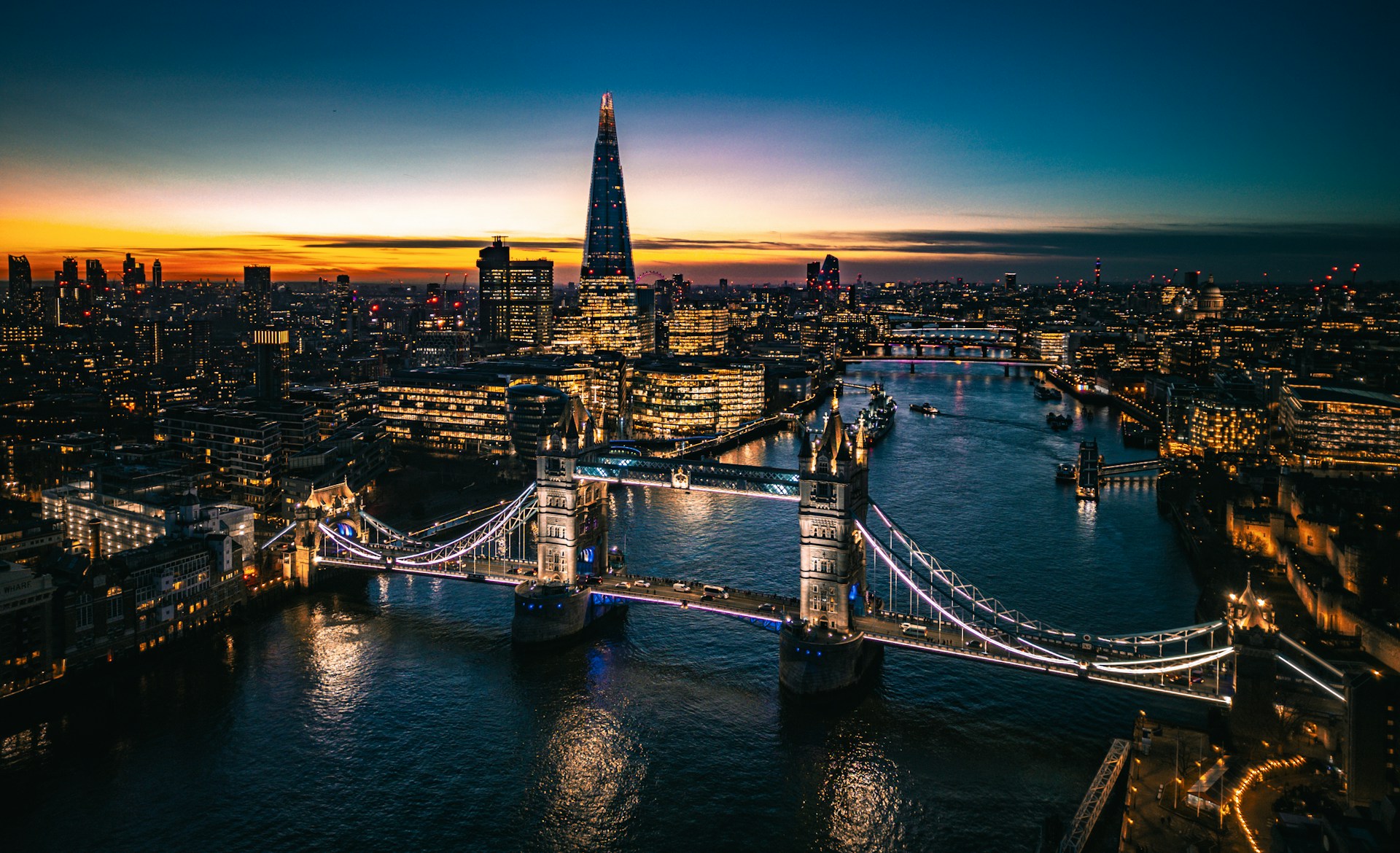 an aerial view of the city of london at night