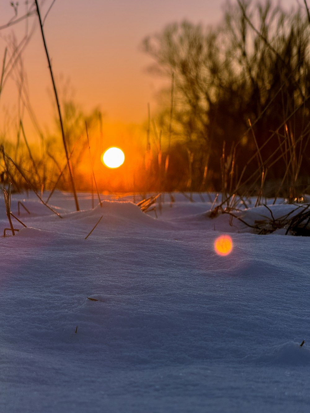 the sun is setting over a snowy field