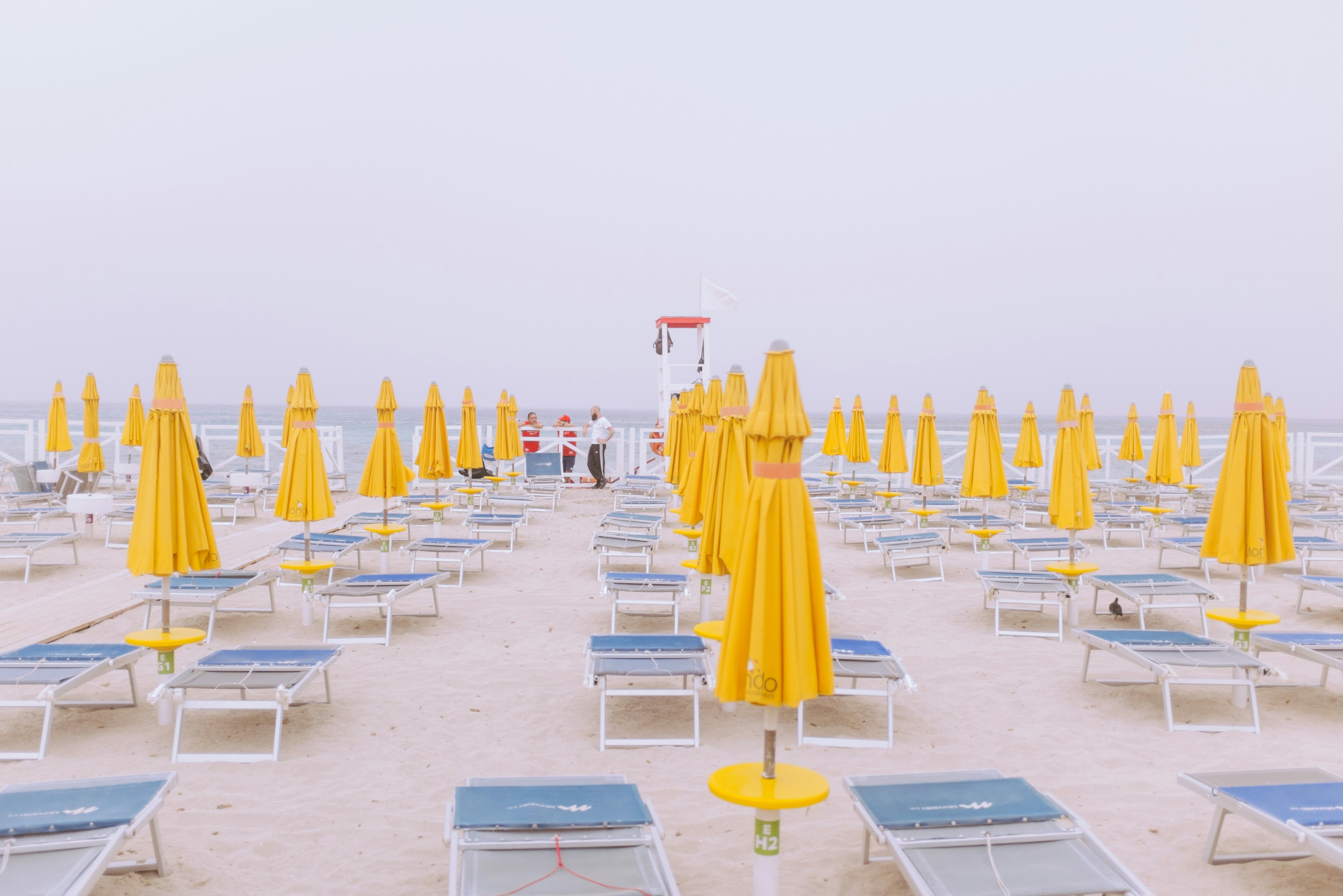 a bunch of chairs and umbrellas on a beach