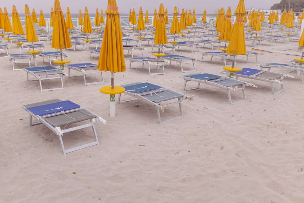 a bunch of yellow umbrellas and chairs on a beach