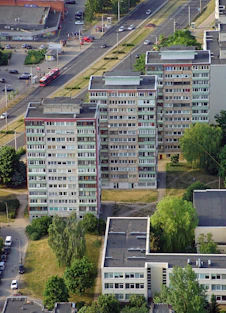 an aerial view of a large apartment building