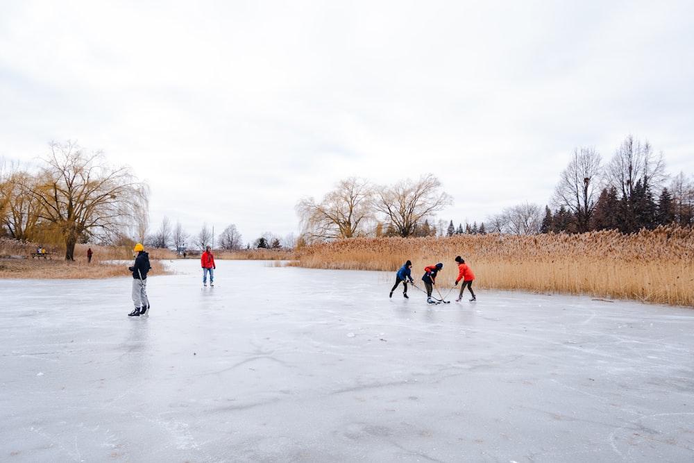 a group of people skating on a frozen pond
