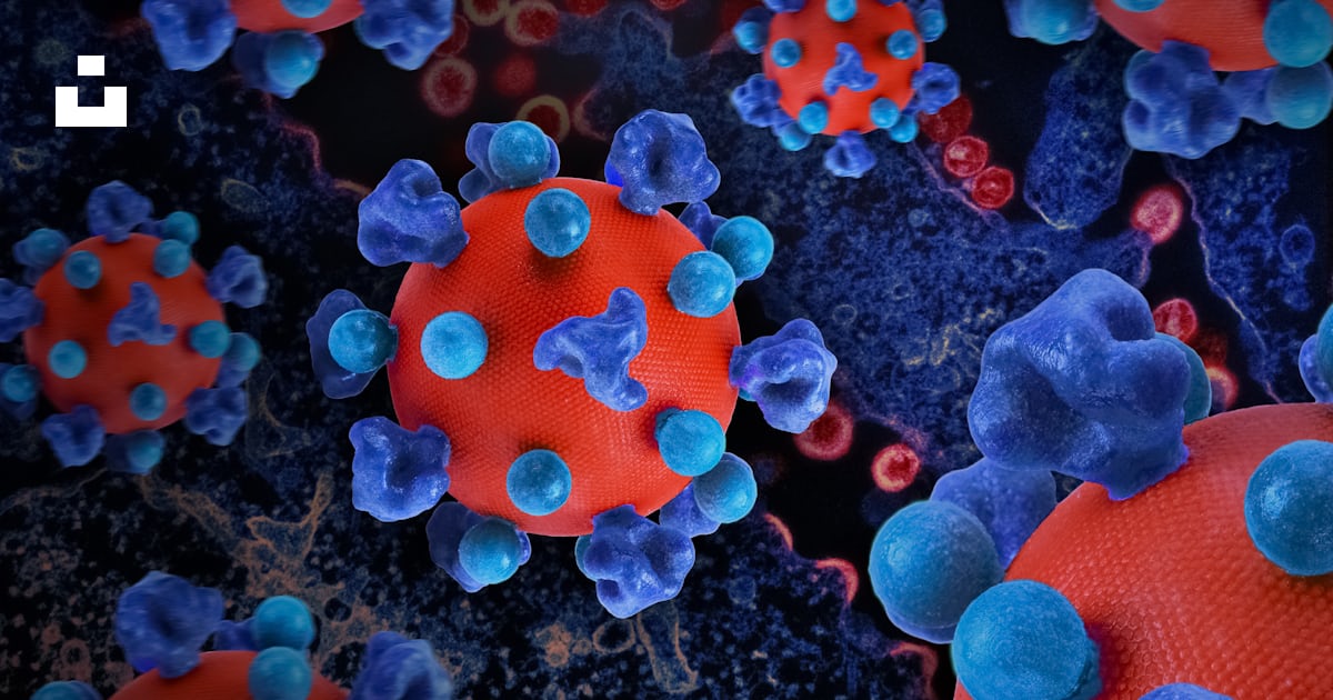 A group of blue and red balls on a black surface photo – Free Pathogen ...