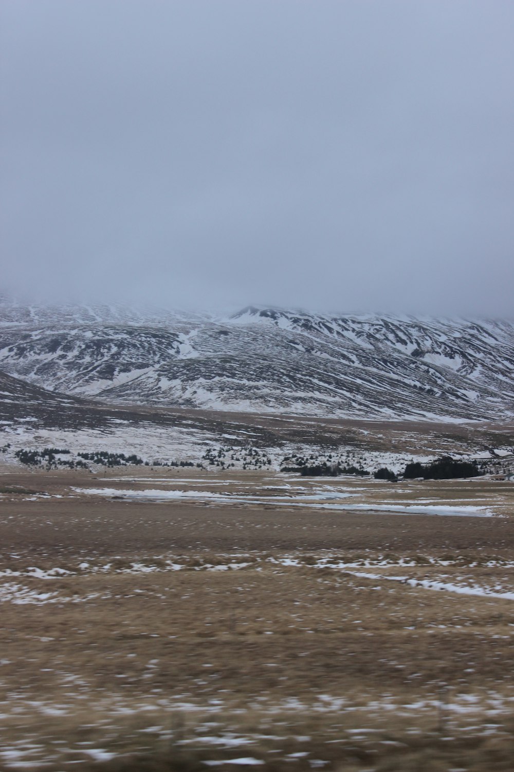 a snowy mountain range in the distance with a field in the foreground