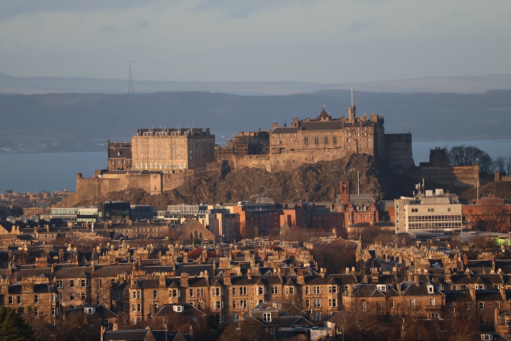 a view of a city with a castle in the background