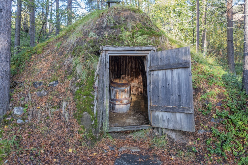 an old outhouse in the woods with a barrel