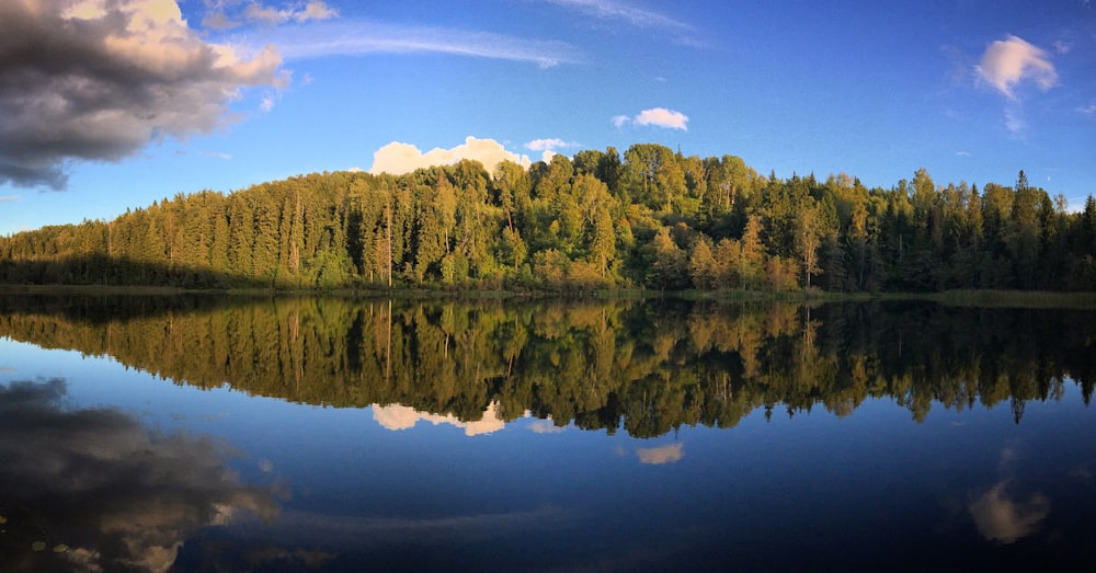 a body of water surrounded by trees and clouds