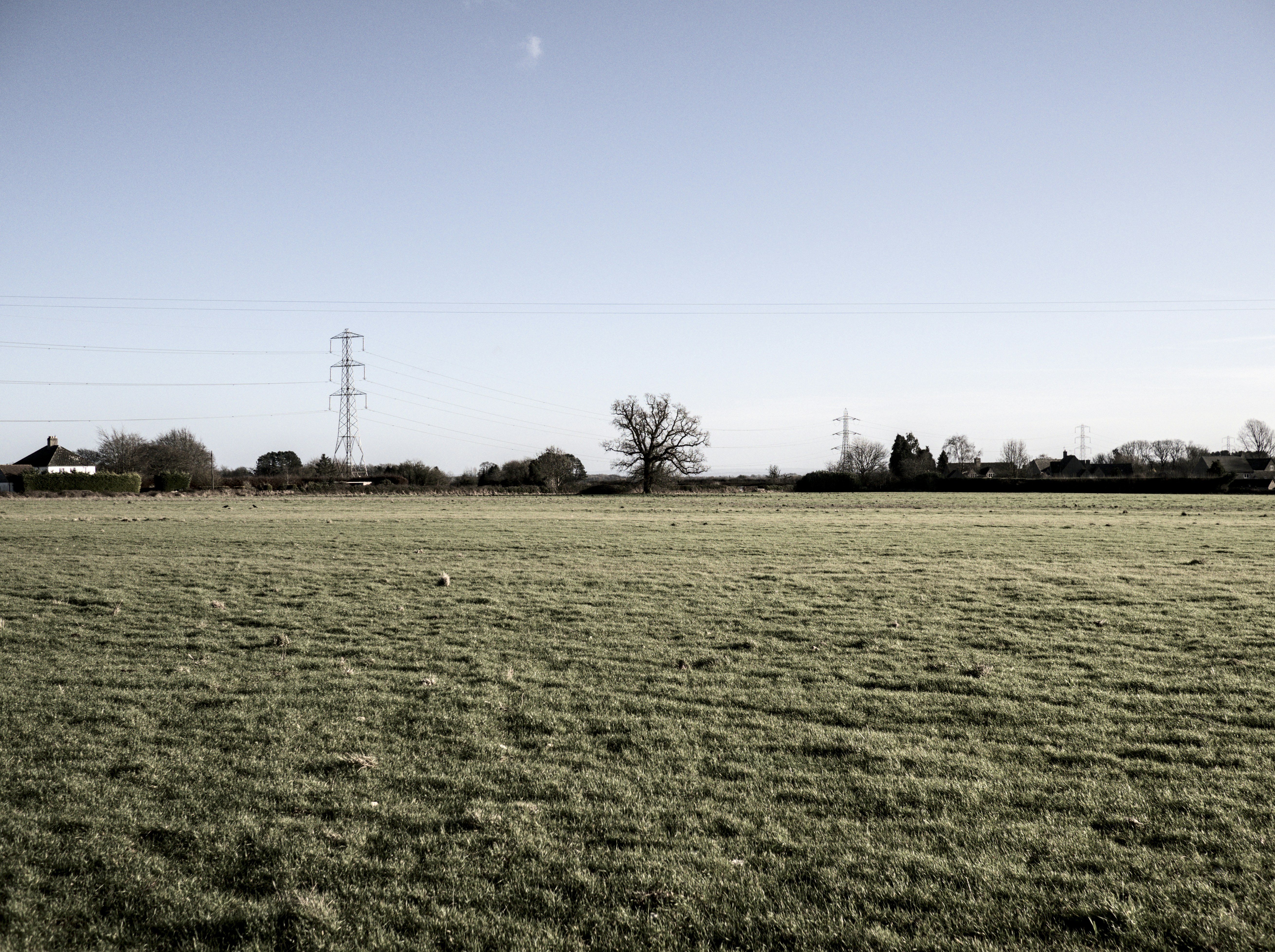 a grassy field with power lines in the distance