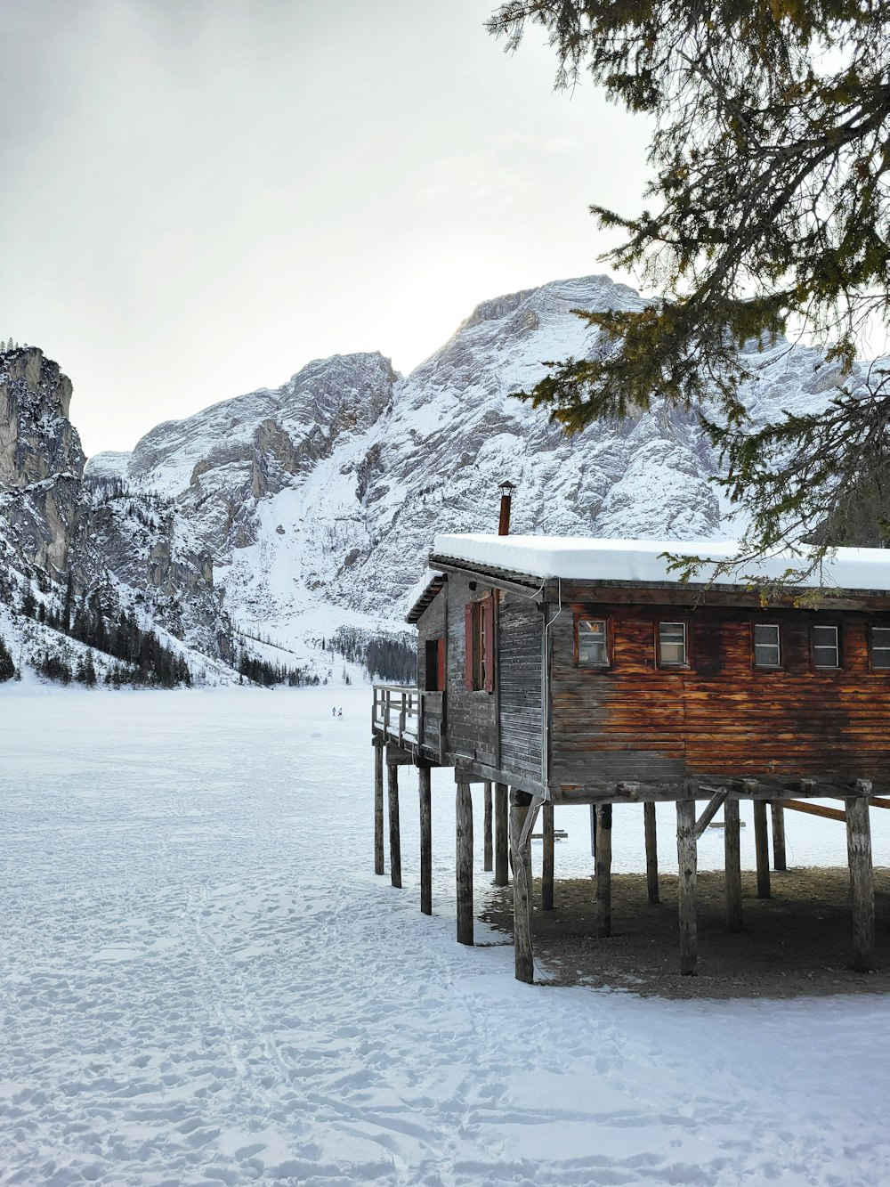 a cabin in the middle of a snowy field