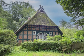 a small house with a thatched roof in the woods