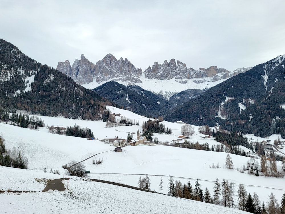 a snowy landscape with mountains in the background