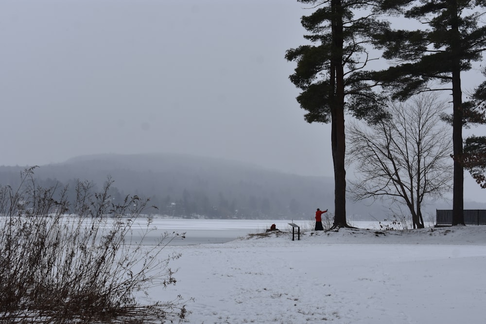 a couple of people standing on top of a snow covered field