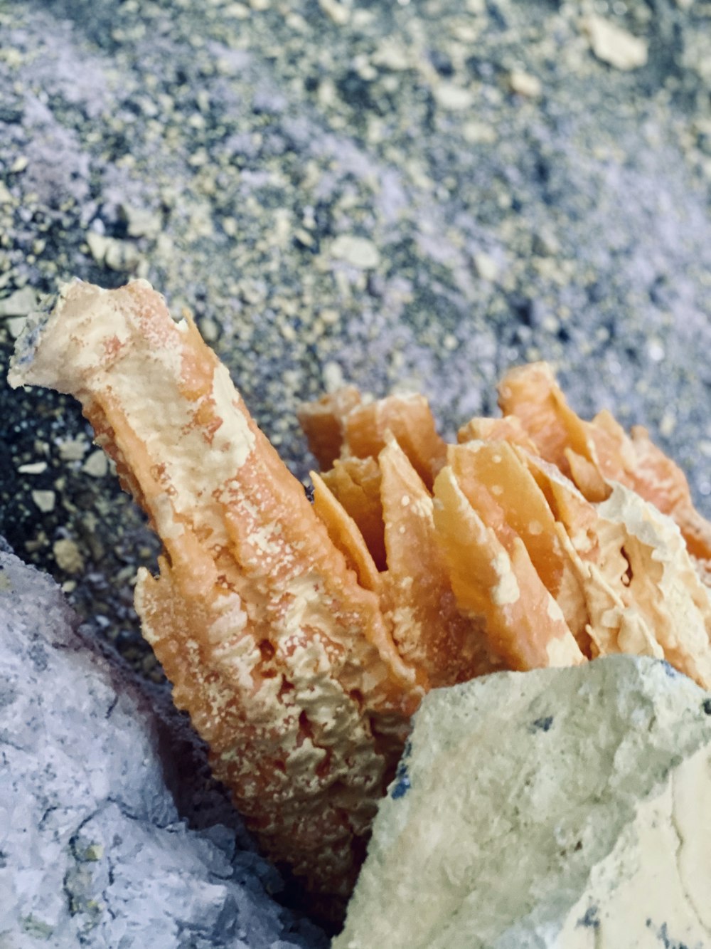 a close up of a piece of food on a rock