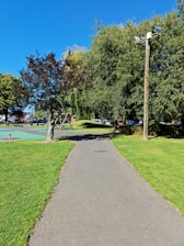 a paved path in a park with a playground in the background