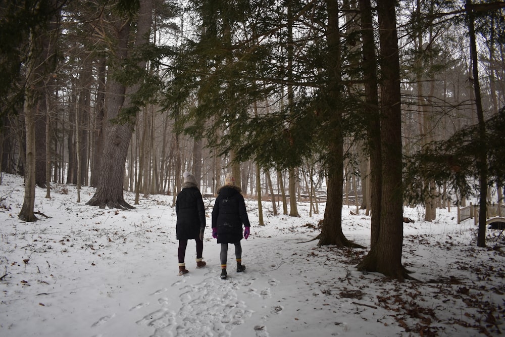 a couple of people walking through a snow covered forest