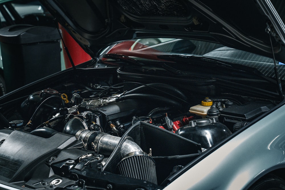 a car engine with its hood open