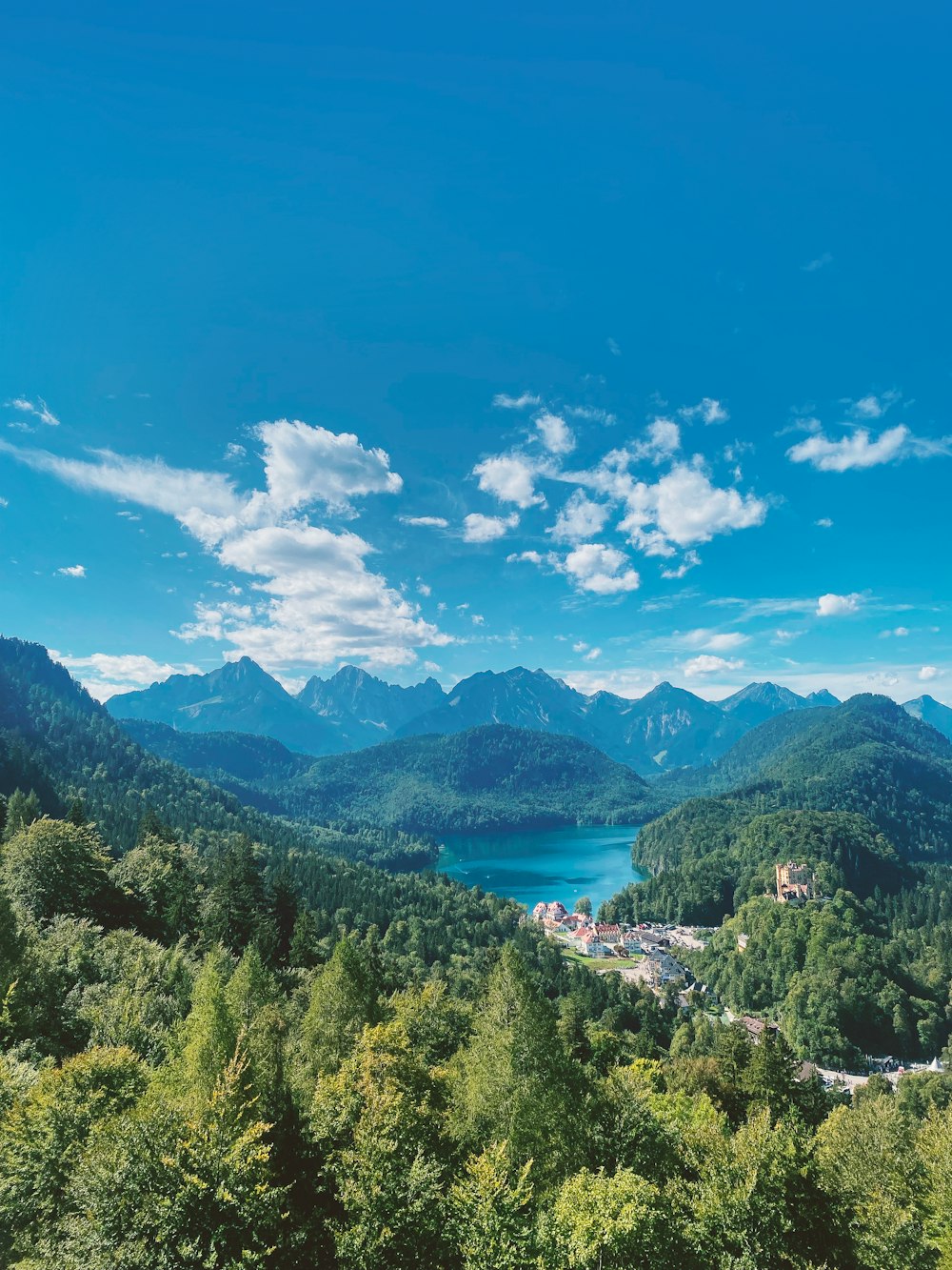 a scenic view of a lake surrounded by mountains