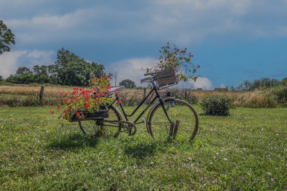 a bicycle with a basket full of flowers in a field