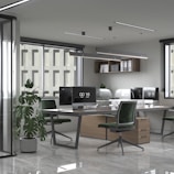 an office with a desk, chairs, and a potted plant