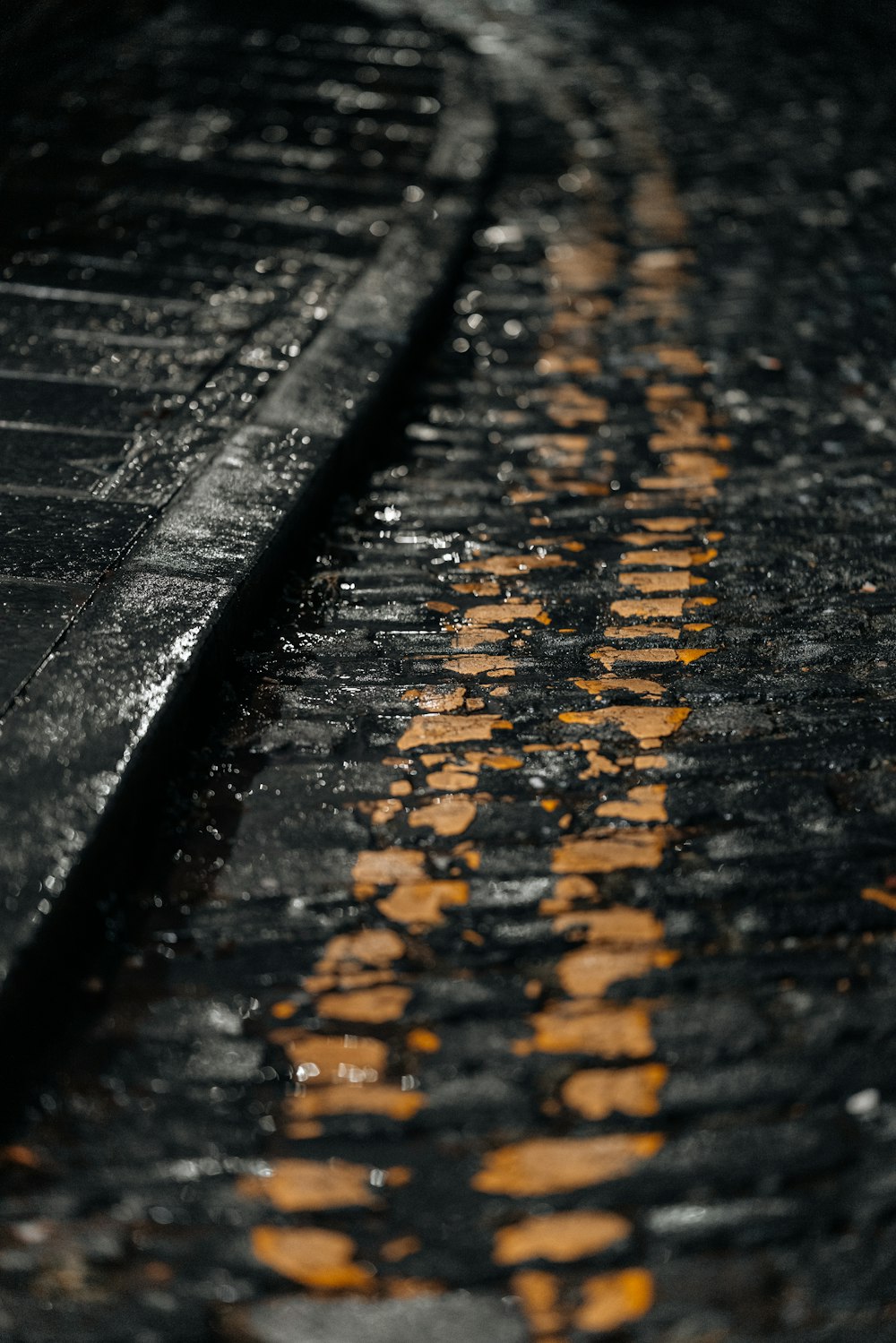 a close up of a wet street with a yellow line