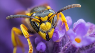 a close up of a yellow and black insect on purple flowers