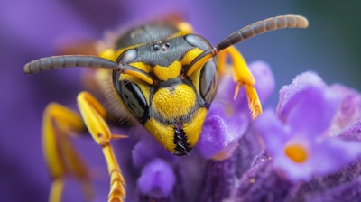 a close up of a yellow and black insect on purple flowers