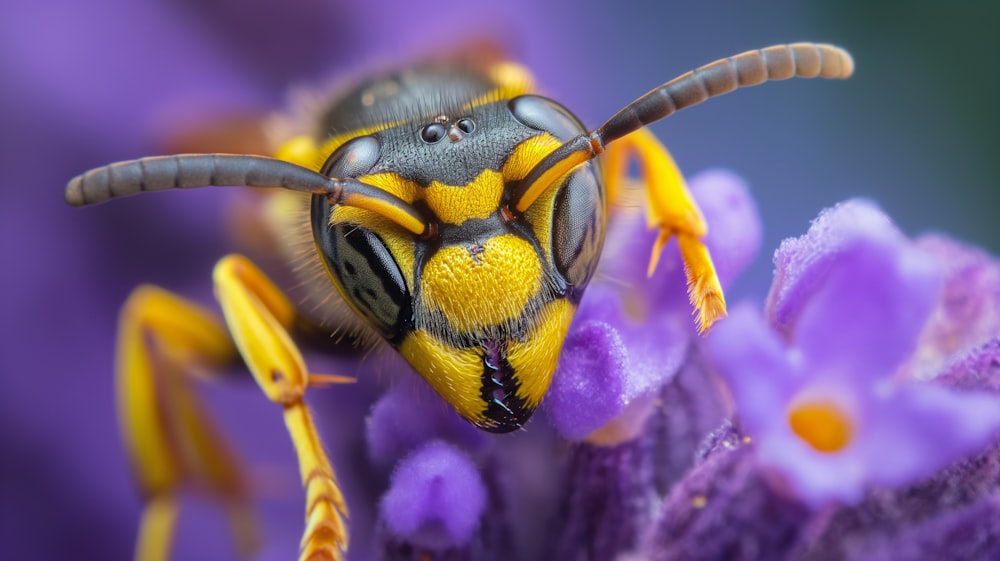 a close up of a yellow and black insect on purple flowers