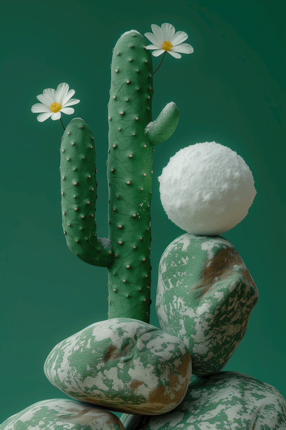 a green cactus with a white flower on top of it