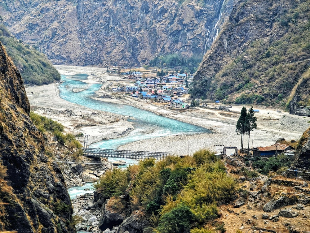 a river running through a valley surrounded by mountains