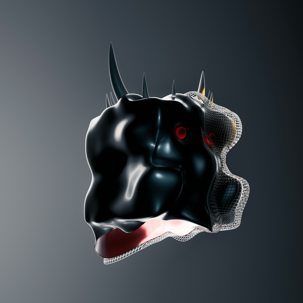 a black dog with red eyes and horns