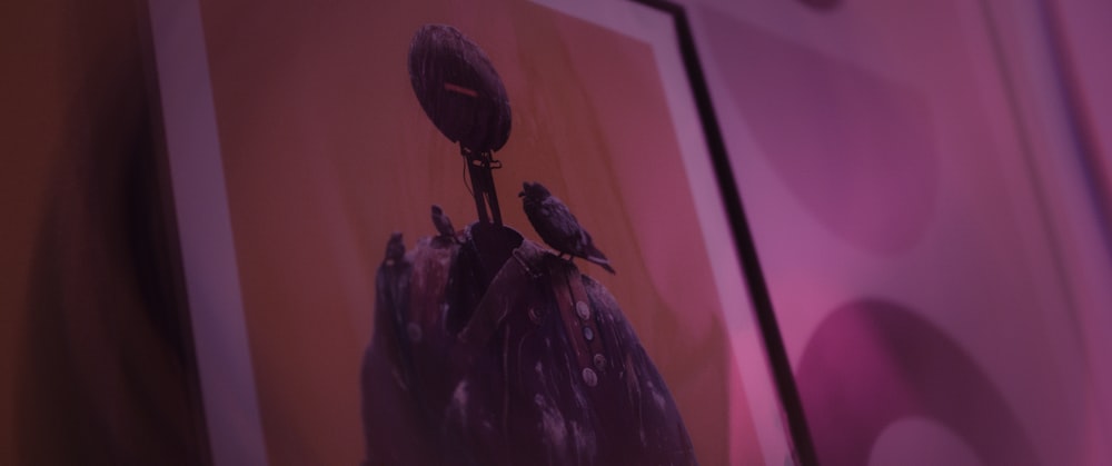 a couple of birds sitting on top of a purple object