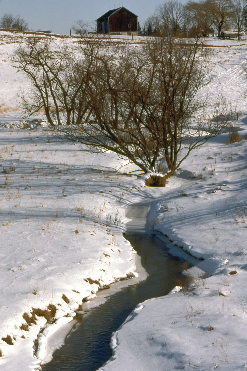 a small stream running through a snow covered field